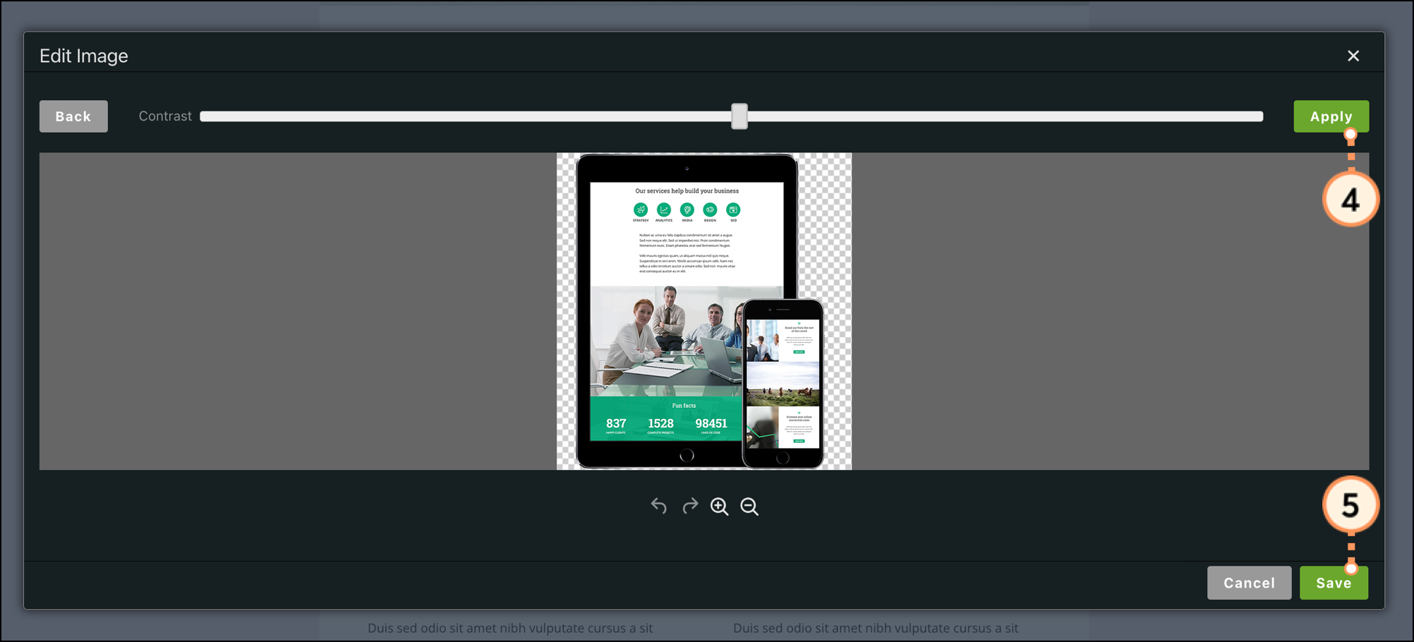 Edit Image popup with Apply and Save buttons Edit Image popup with Apply and Save buttons