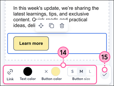 Email editor on mobile web browser, Button block selected, and button editing options in bottom menu