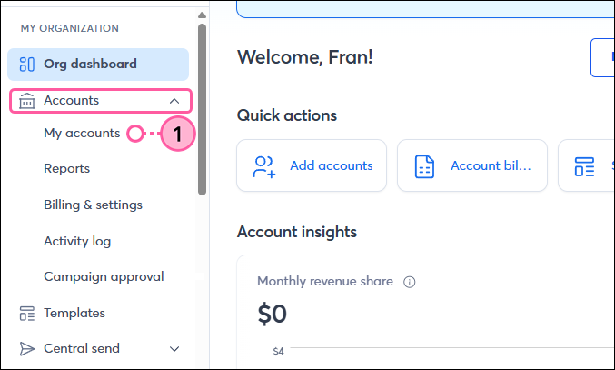 Left-hand menu Accounts dropdown My Accounts
