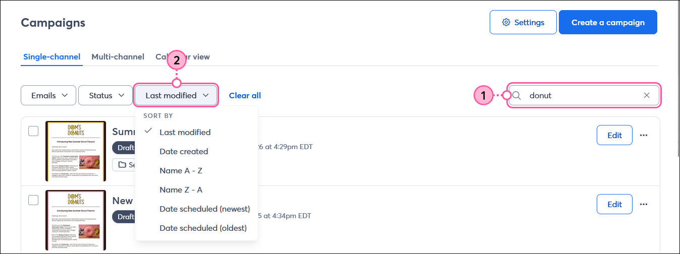 Campaigns page with Single-channel tab selected, Search field, and Sort by drop-down menu expanded
