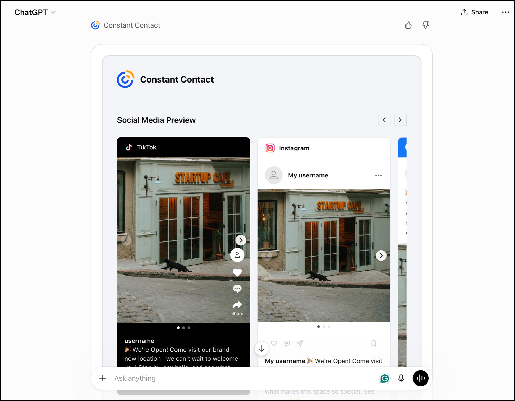Constant Contact ChatGPT app live social preview