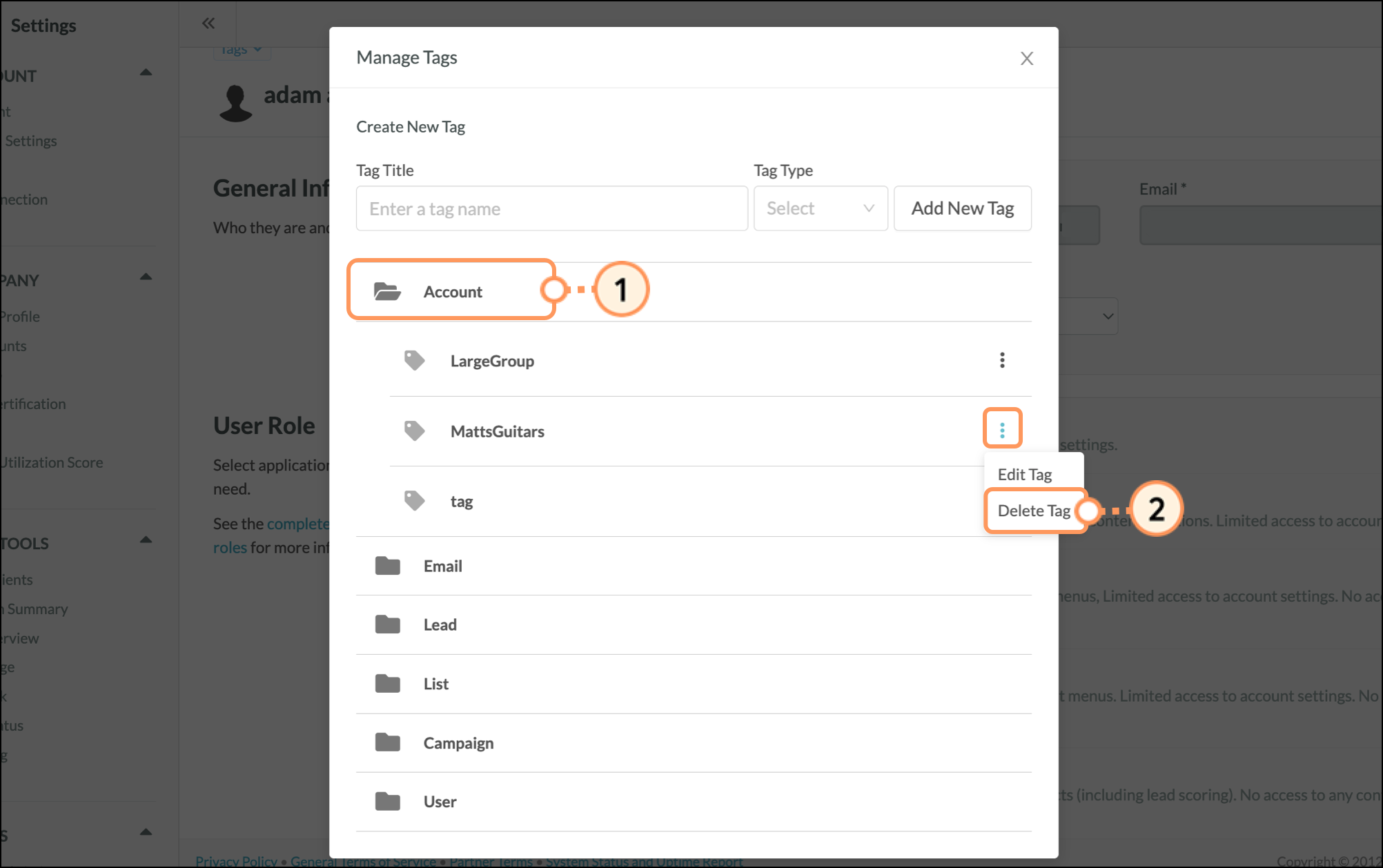 Delete button in the expanded Settings menu in the Manage Tags pop-up
