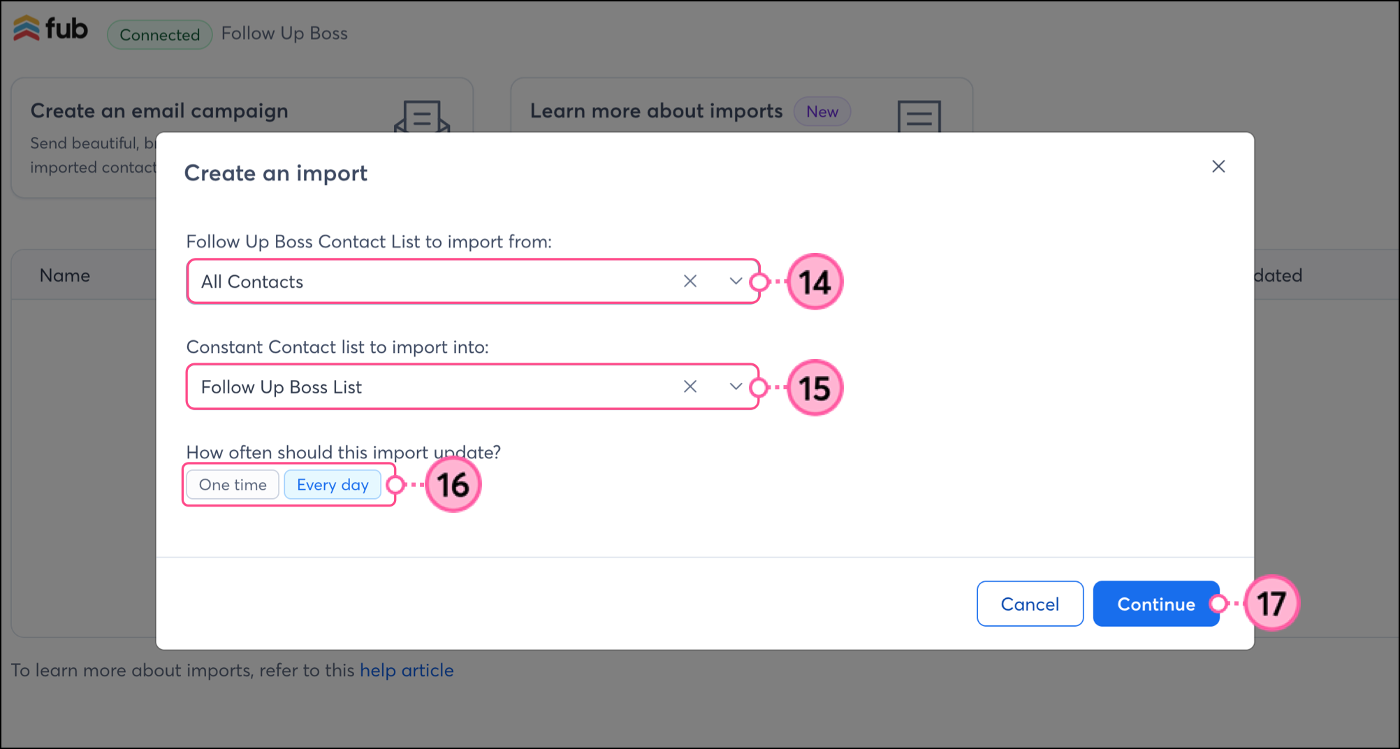 Fields for selecting the from list, two list, and update timeframe above a blue Continue button