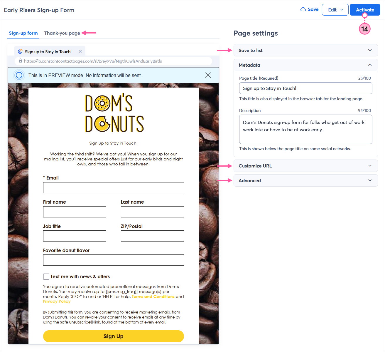 Sign-up Landing Page preview and Page settings with Metadata section expanded and Page title and Description fields, and Activate button
