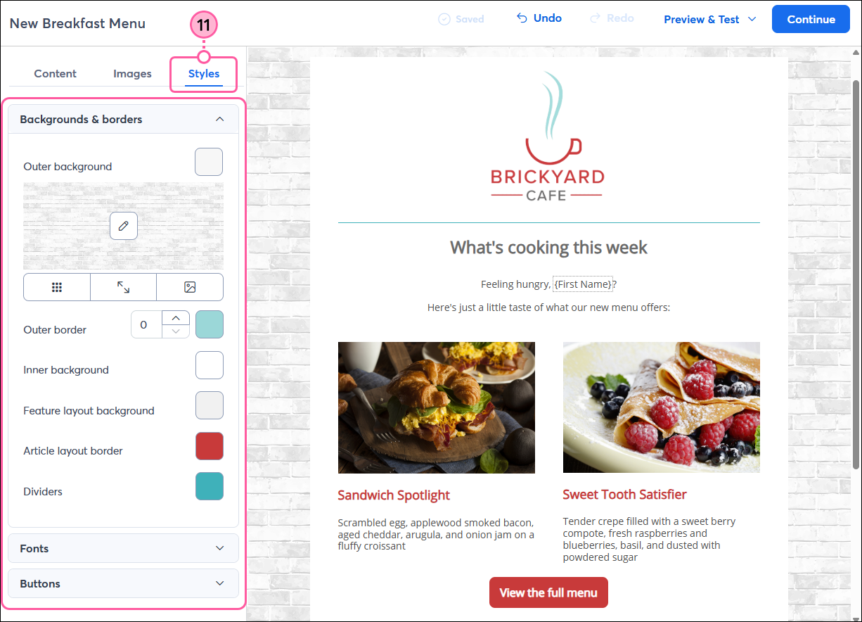 Email editor with Styles tab selected