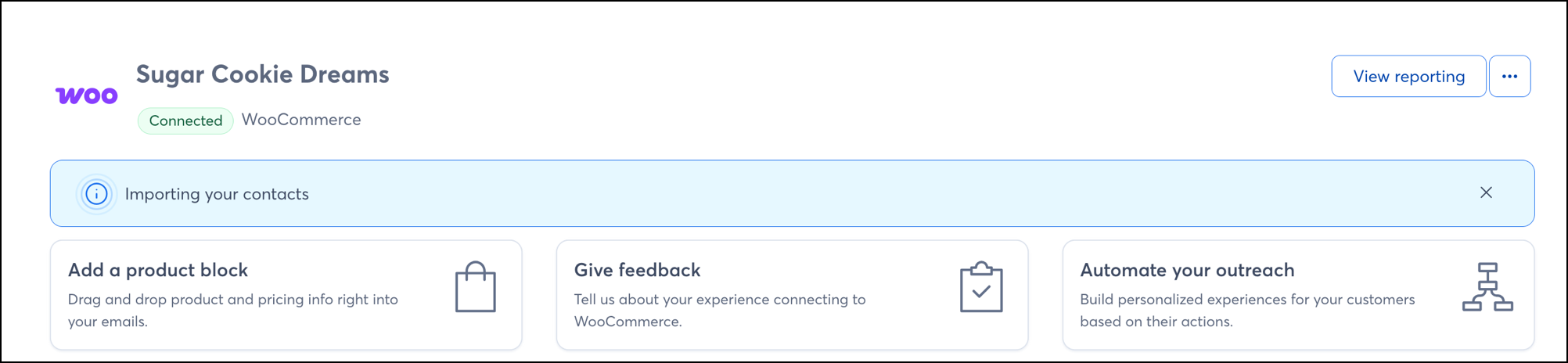 Connected WooCommerce integration store with store name displayed Connected WooCommerce integration store with store name displayed
