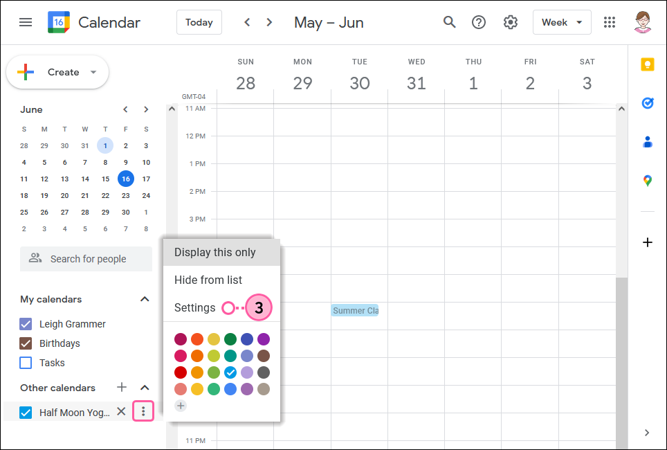 Google calendar with Other calendars section, calendar options menu expanded and Settings option