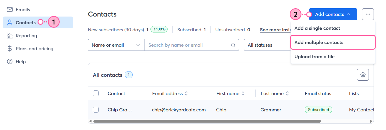 Left navigation with Contacts tab selected, Add Contacts button, and Add Multiple Contacts drop-down option