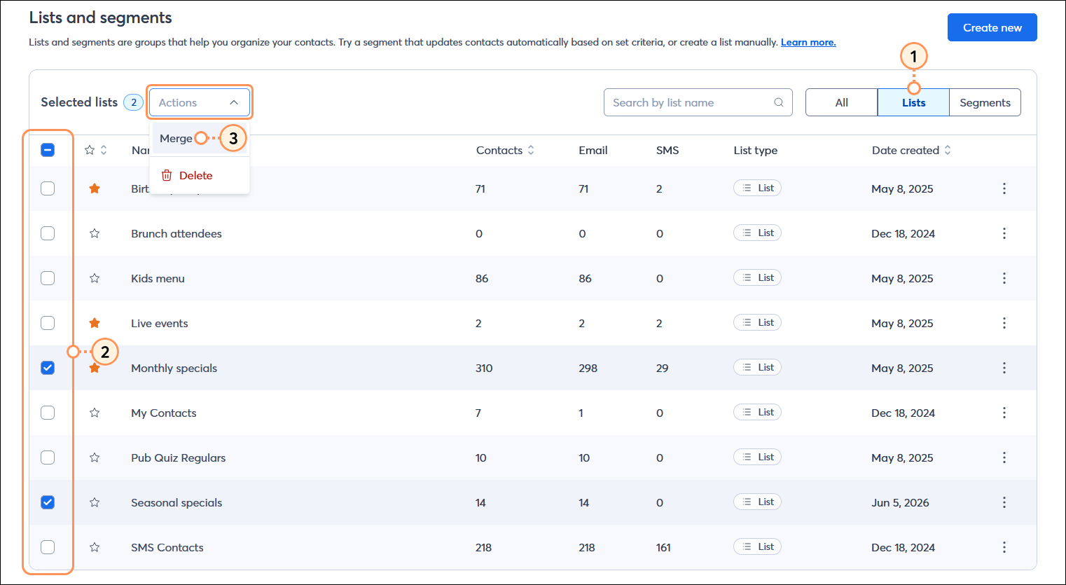 Lists and segments page with List type drop-down menu with Lists option selected, Lists table with multiple lists selected, and Actions menu expanded with Merge option selected