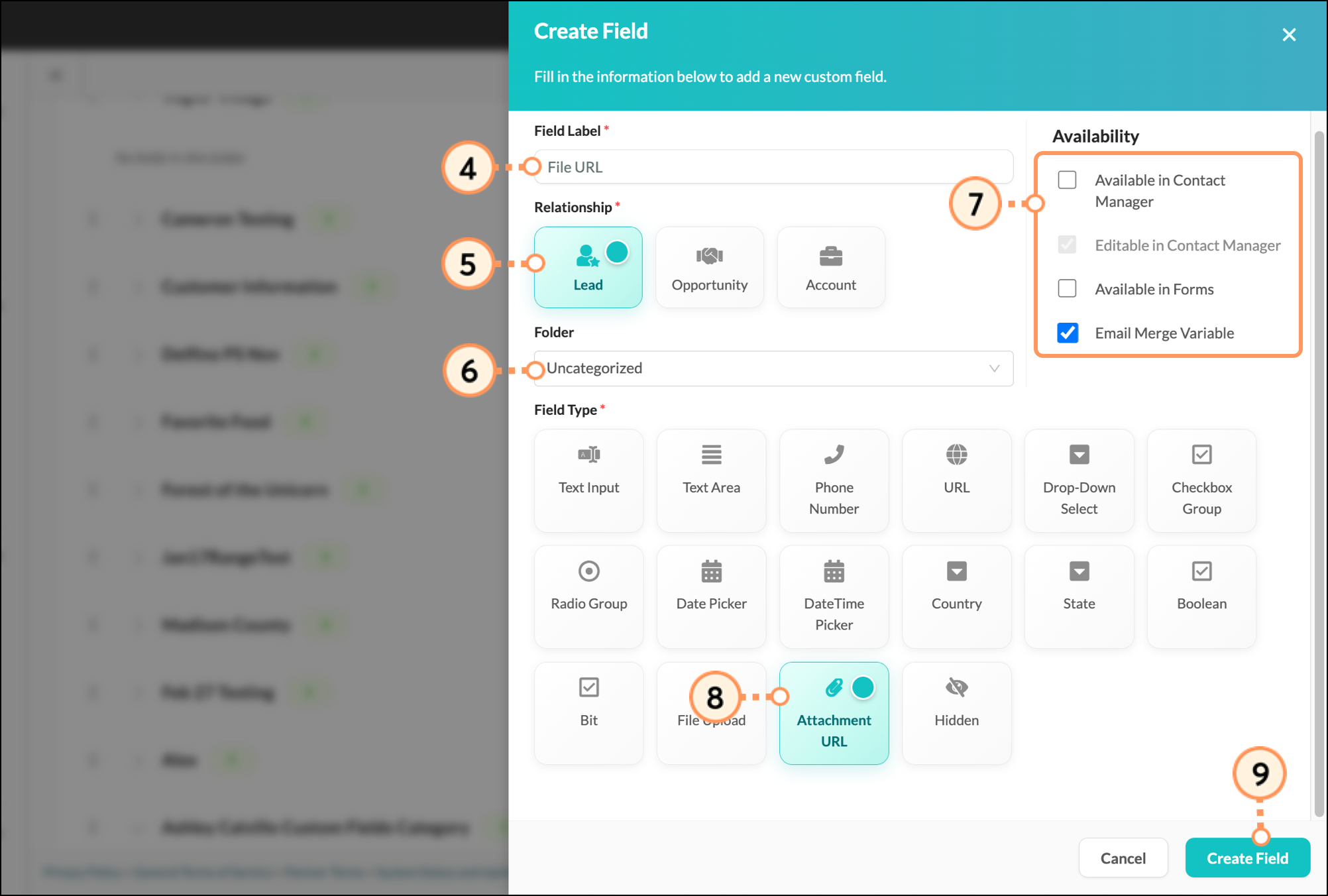 Create field page with Attachment URL selected