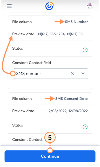 Mobile web Mapping the fields in your file page with SMS number option selected, and Continue button