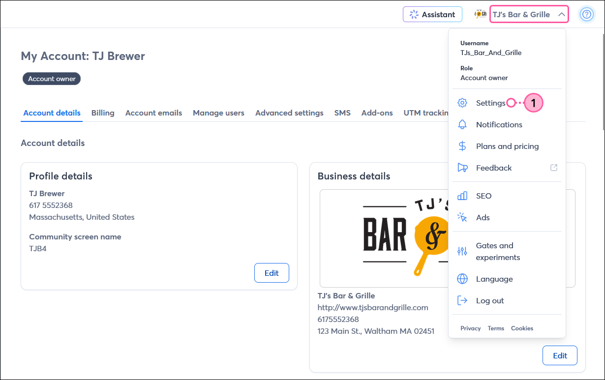 Account settings page with Account details tab selected, and Accont owner drop-down menu displayed with Settings option selected