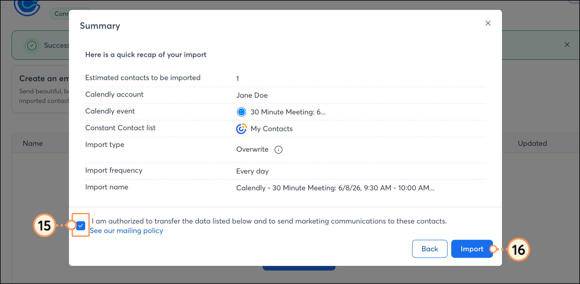 Checkbox for confirming permission to email contacts and blue Import button