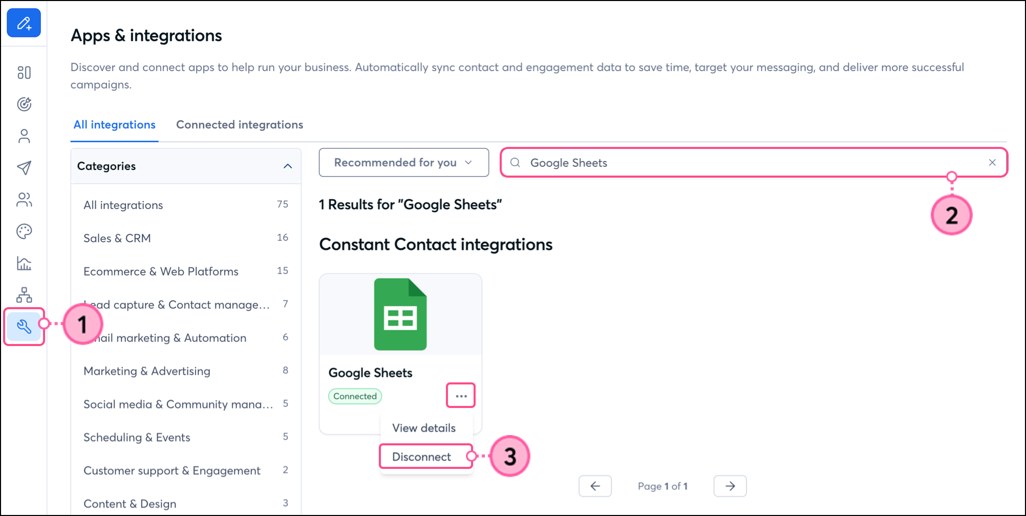 Disconnect in the expanded Settings menu of the Google Sheets Integration card in the Integrations section