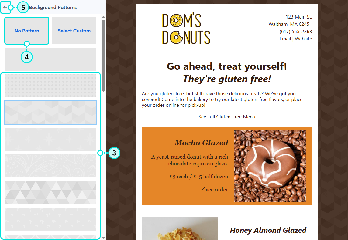 Background Patterns menu expanded with pattern selected