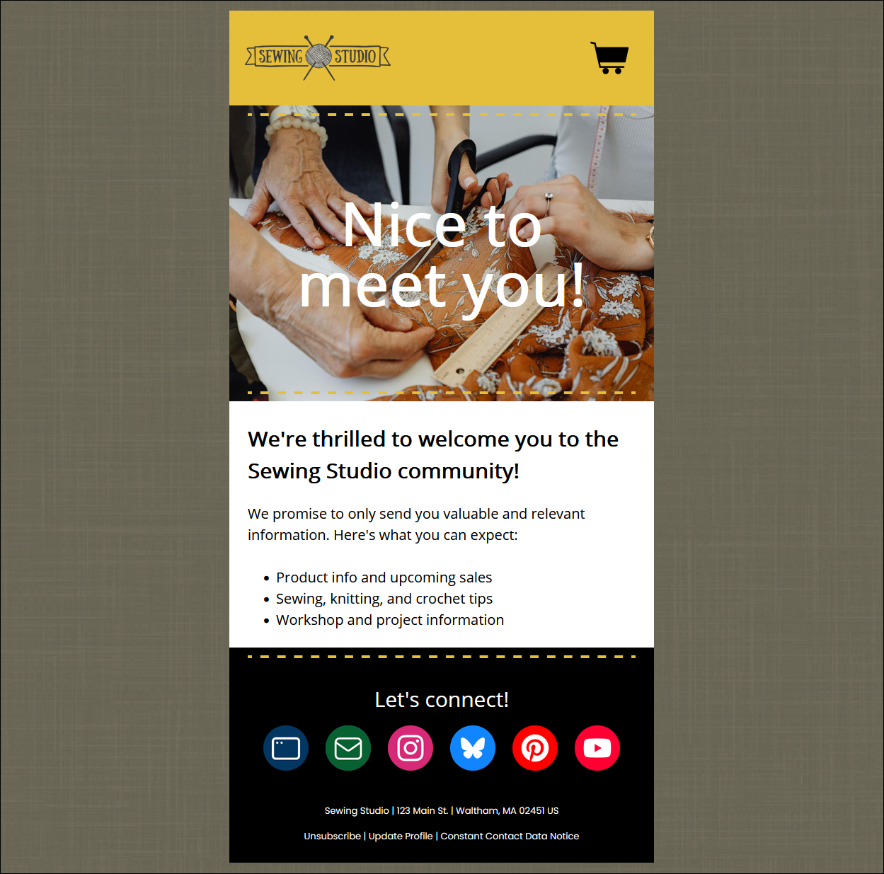 Example of a welcome email with a Social follow block and an invitation to join on social media platforms