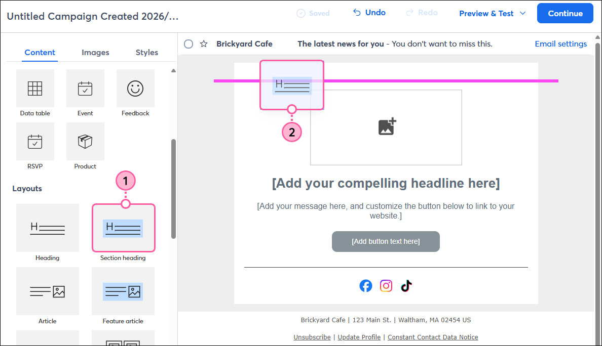 Email editor with Content tab selected, Section Heading block selected using click-and-stick with highlight visible, and Section Heading block visible in the template where it's going to stick into place
