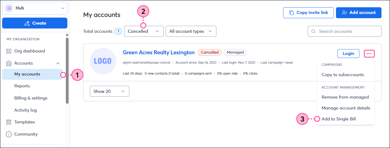 My Accounts page cancelled status dropdown menu add account to single bill option