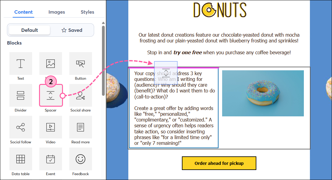 Drag-and-drop Spacer block above Text block in a column