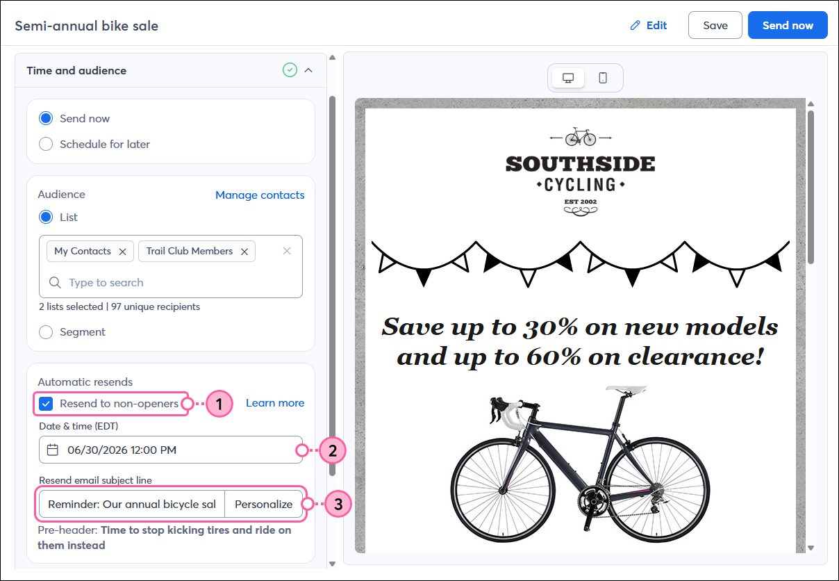 Schedule page with Resend to Non-Openers checkbox, Date and Time field, Resend subject line field, and Send Now button