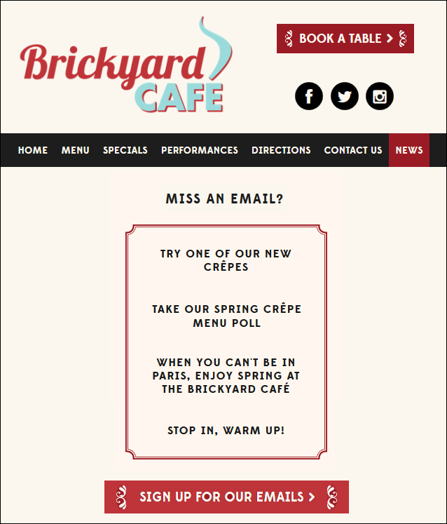Email archive displayed on website as a center-aligned list, surrounded by a border