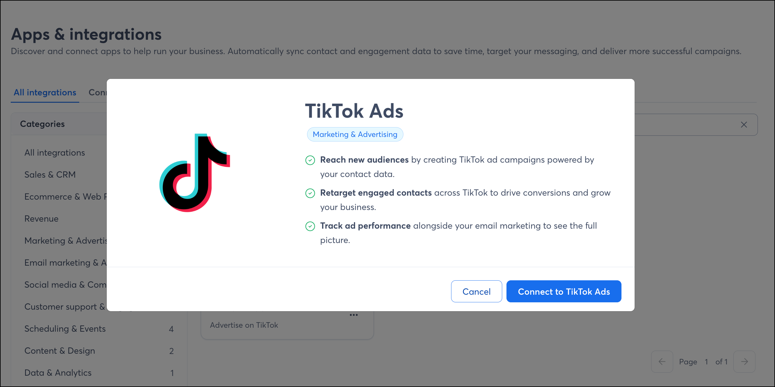 TikTok Ads integration Connection popup