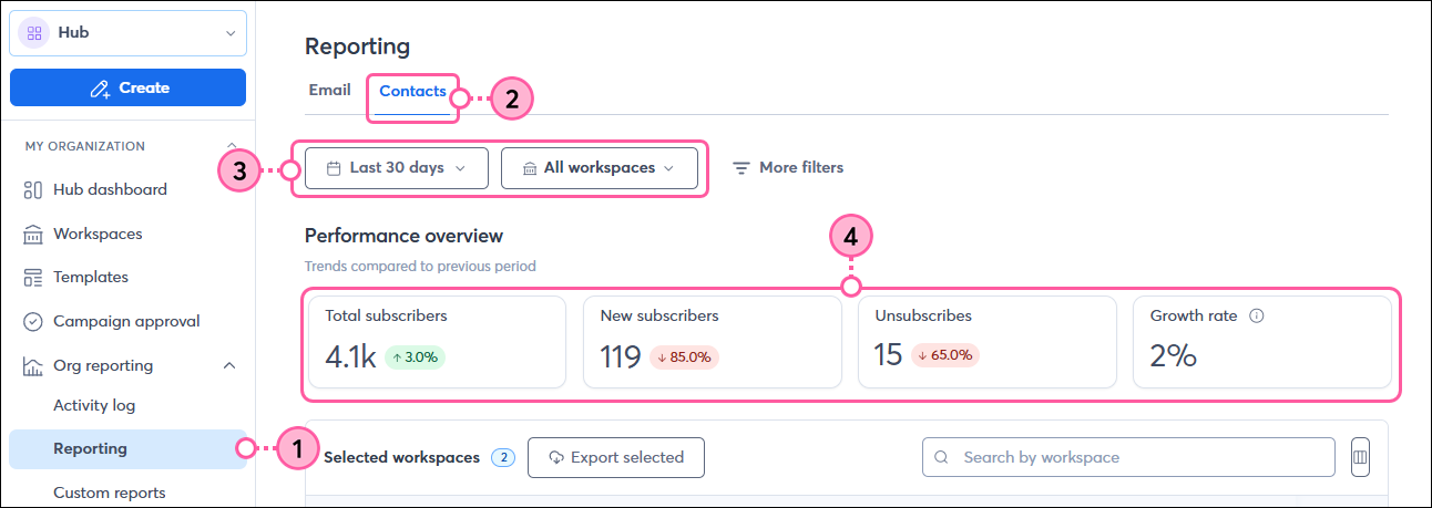 Reporting tab Contacts tab Filter options Performance Overview section