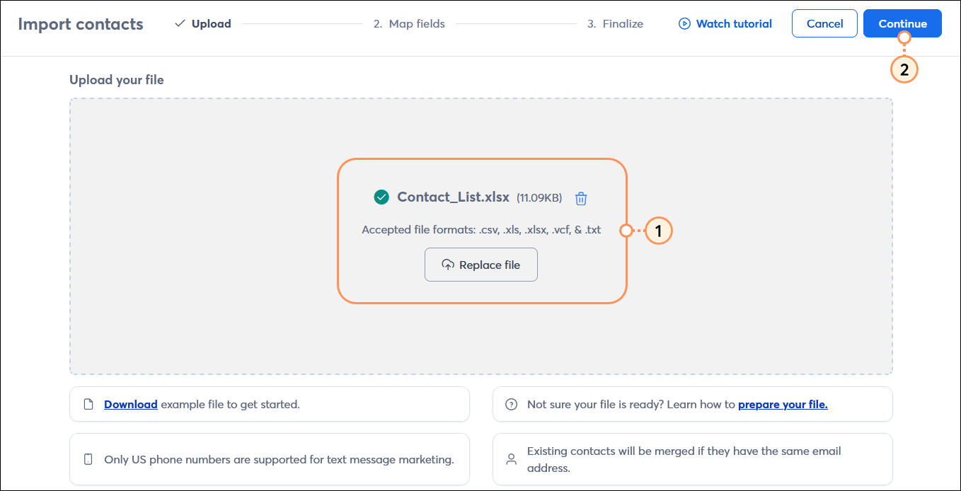 Import contacts page with Upload your file section with file selected, and Continue button