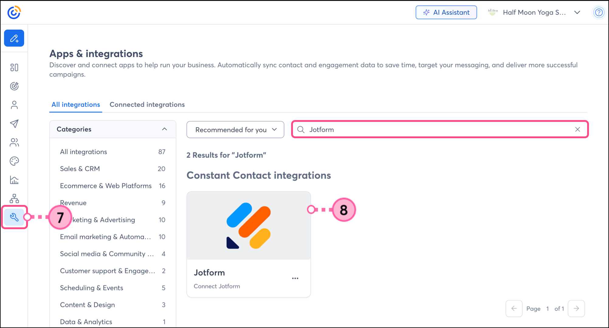 Integrations button in the left navigation menu and Jotform's integrations card