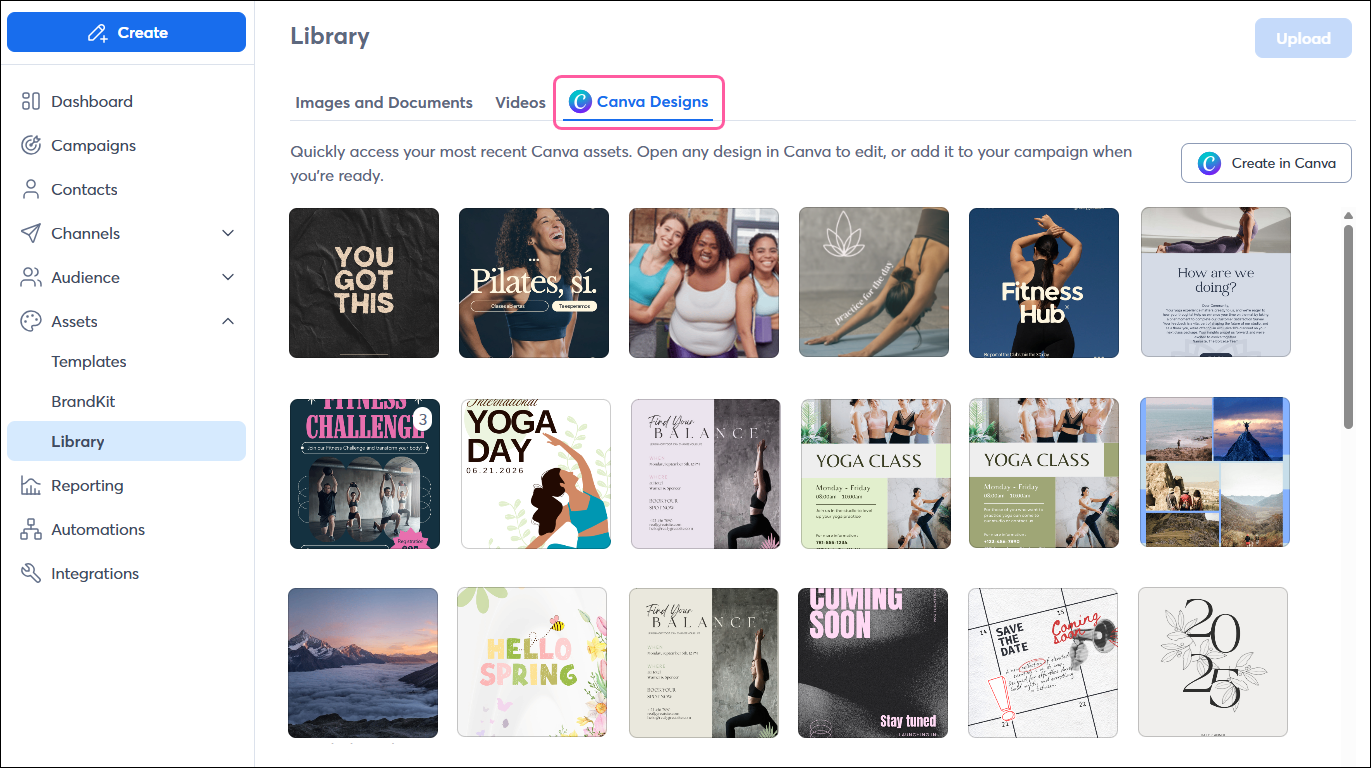 Library page with Canva Designs tab selected