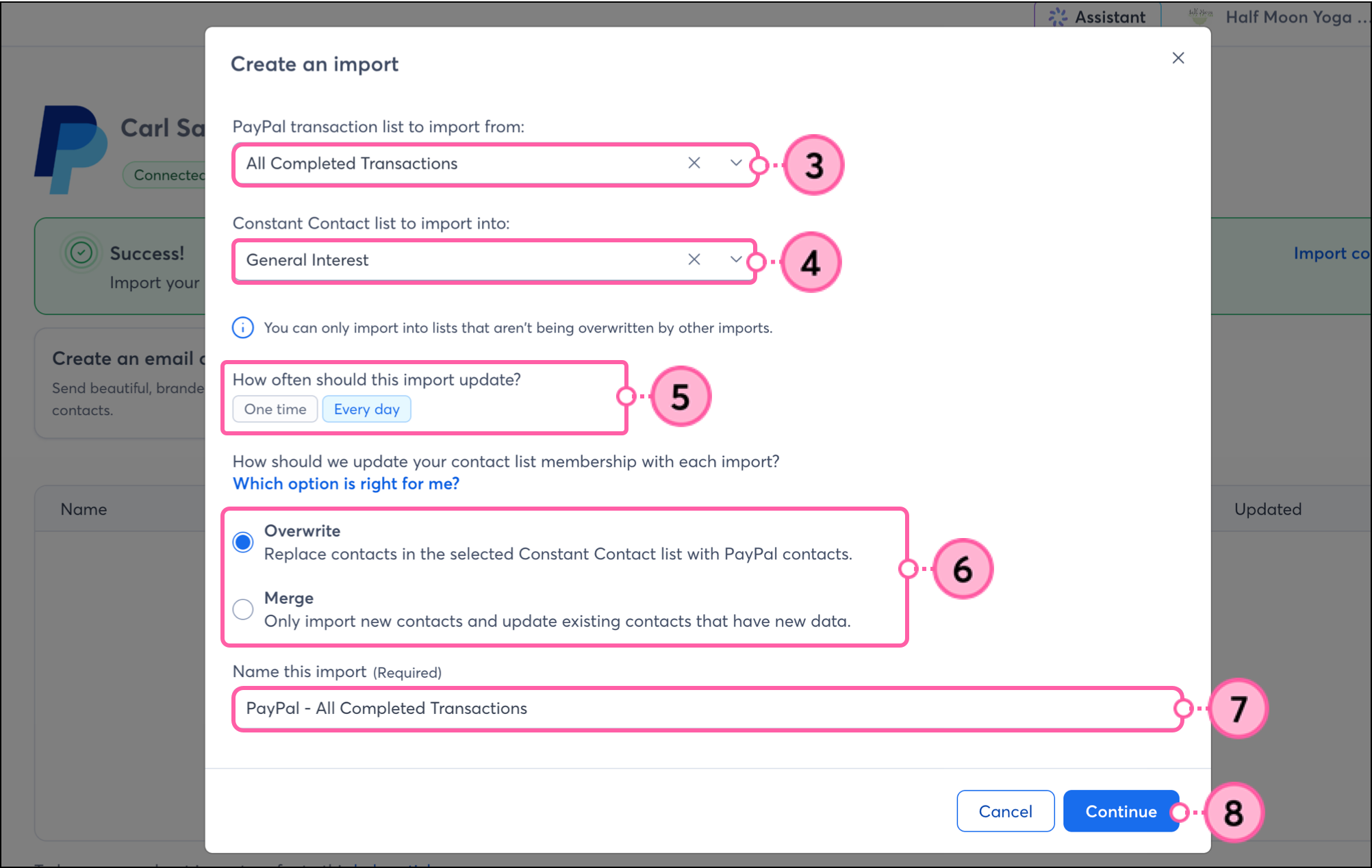 Create an import page with import setting details fields and a Continue button