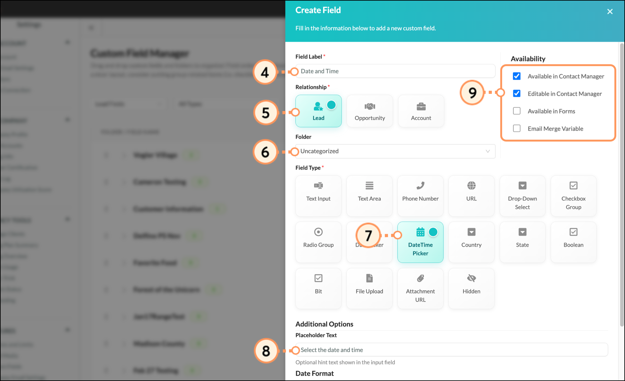 Create a field form creating a new DateTime Picker field