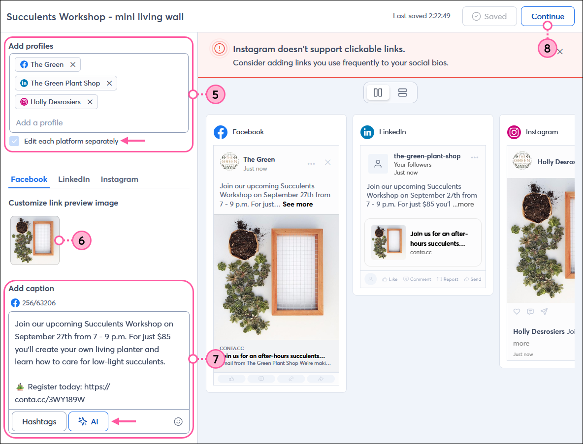 Social post editor with Add profiles options and Edit each platform separately option, Customize link preview image option, Add capation option with Content generator button, Choose when to post options, and Publish now button