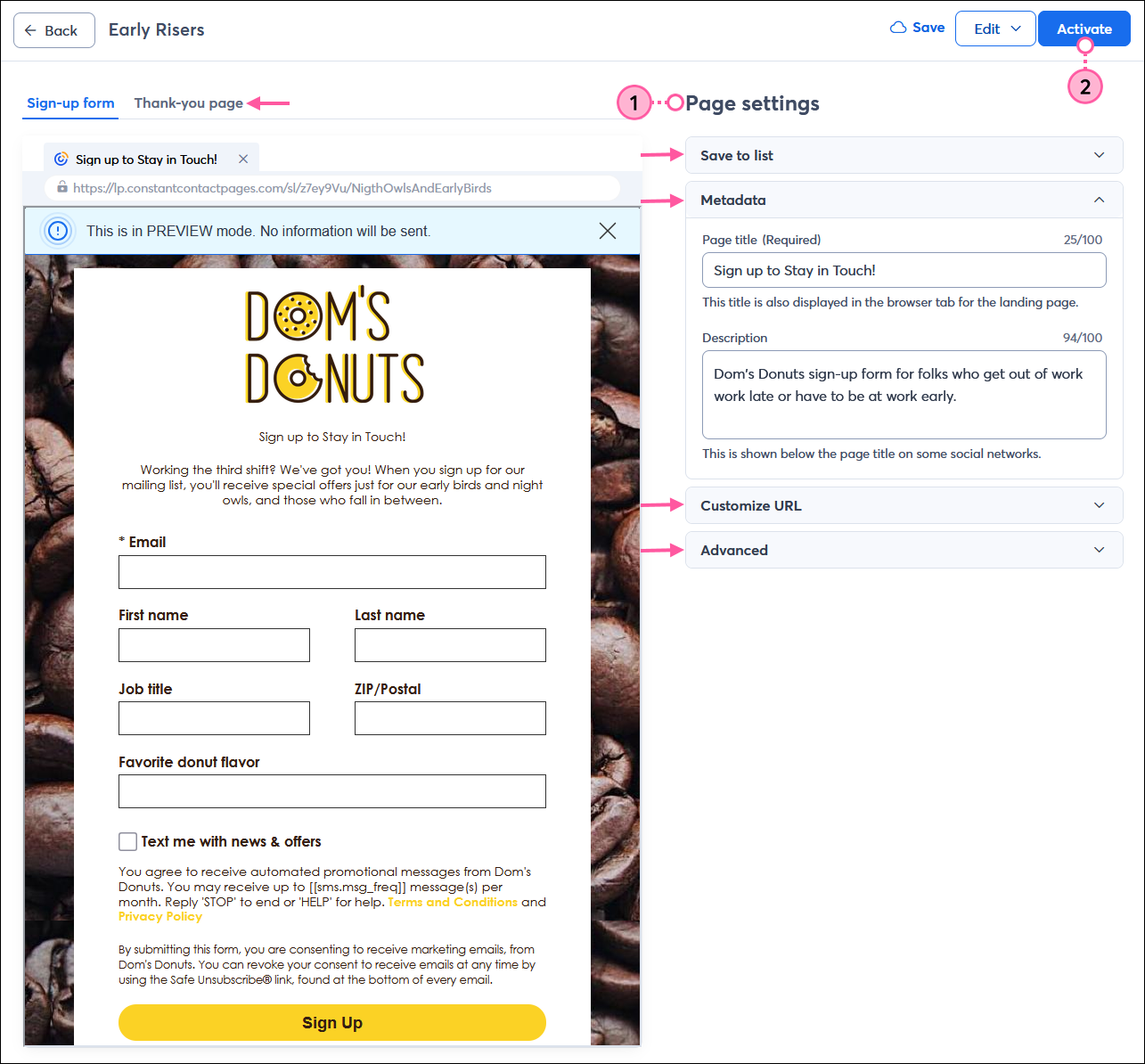 Sign-up Landing Page preview and Page settings with Metadata section expanded and Page title and Description fields, and Activate button