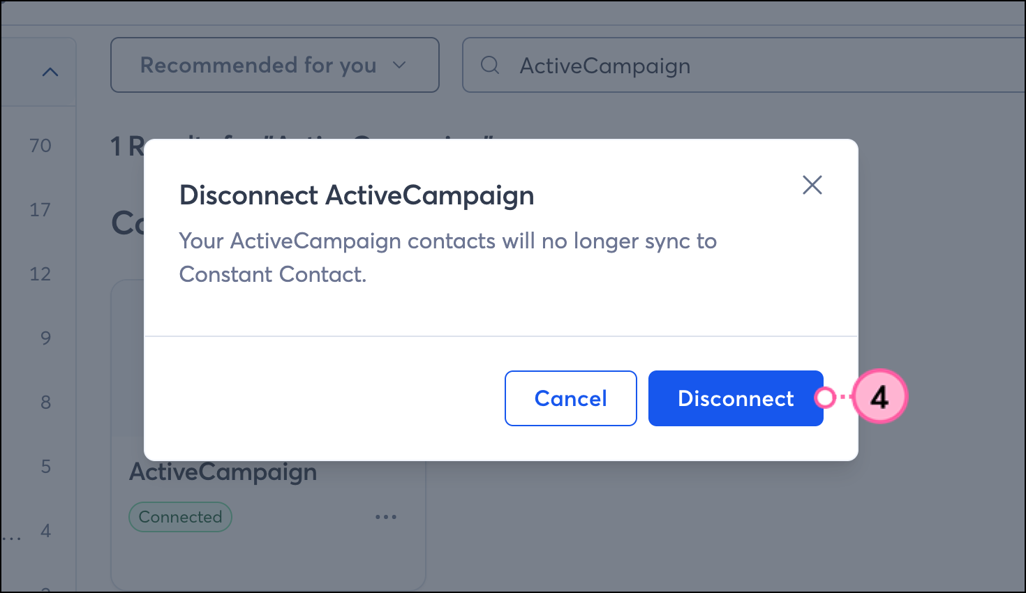 Disconnect ActiveCampaign Disconnect pop-up and blue Disconnect button
