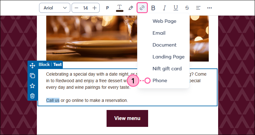 Email editor with text highlighted, toolbar with Link icon drop-down, and Phone option selected