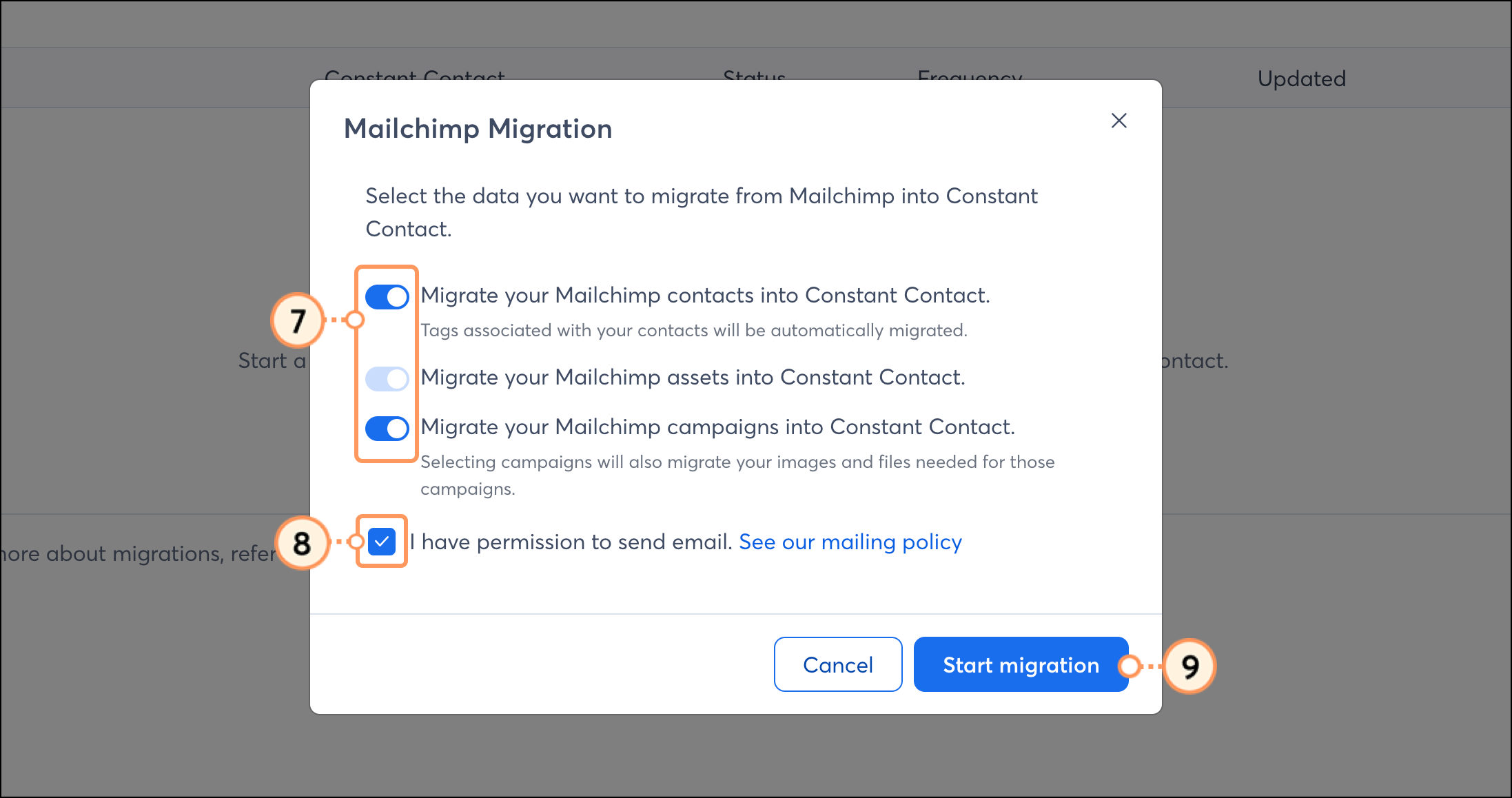 three option toggles, a compliance checkbox, blue Start migration button