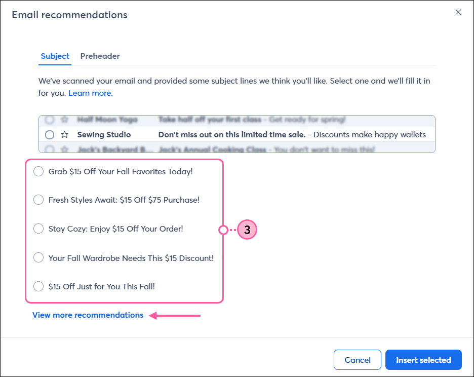Email recommendations, Subject tab, Subject line options, and View More Recommendations link
