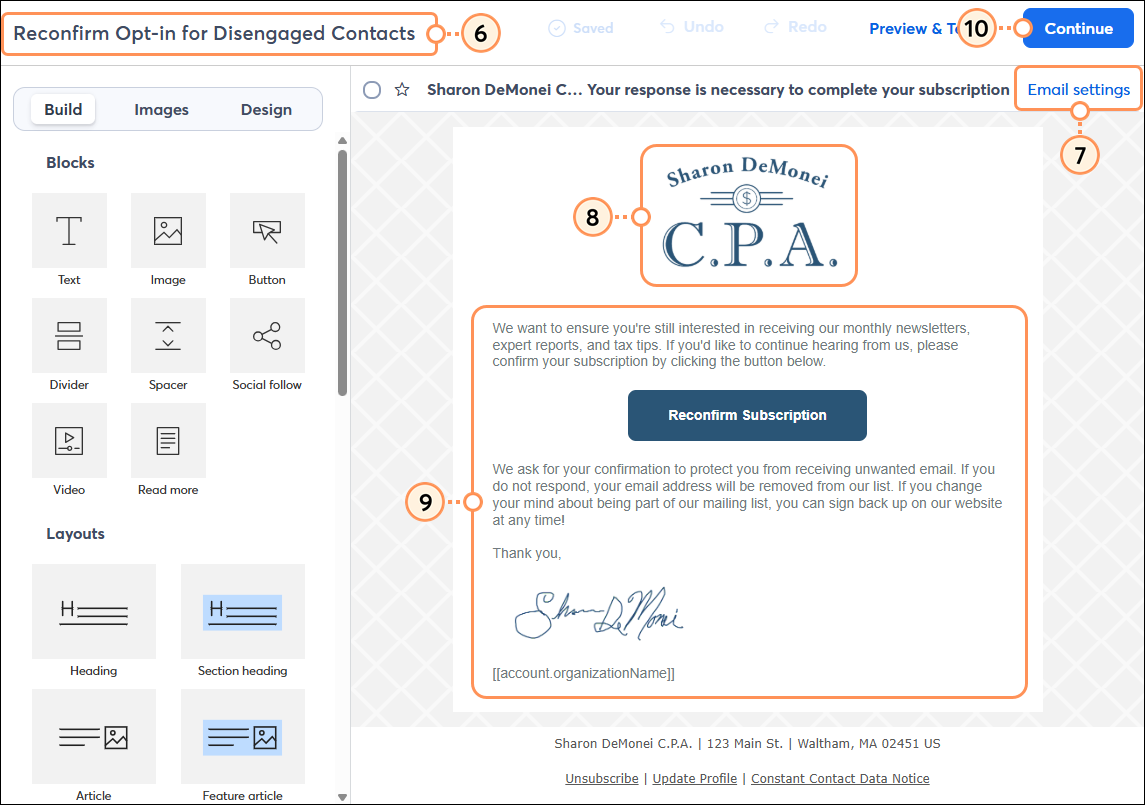 Campaign Name, Email Settings, logo, content, and Continue button