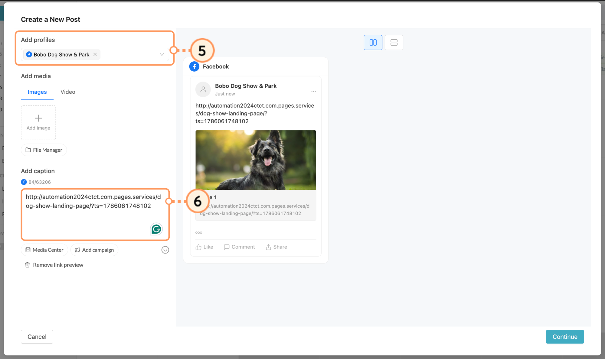 Create a New Post pop-up with landing page link in Add caption box