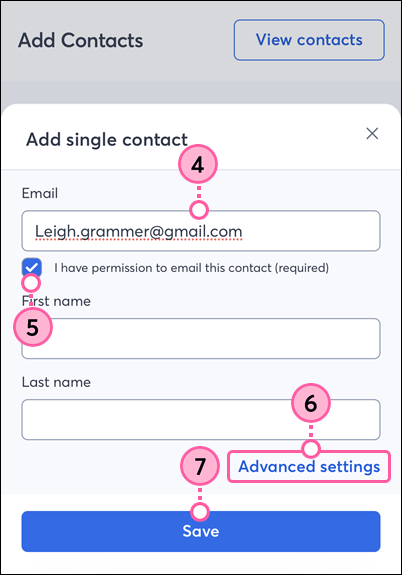 Constant Contact on mobile web browser, Add Single Contact details and Save button