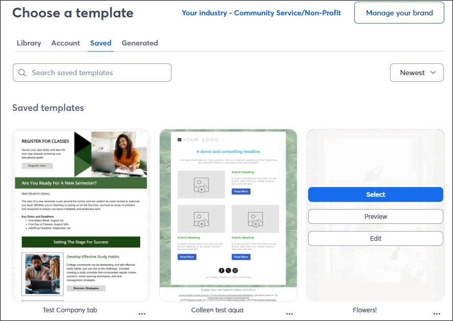 Selected email template in the Saved tab of the Choose a template page