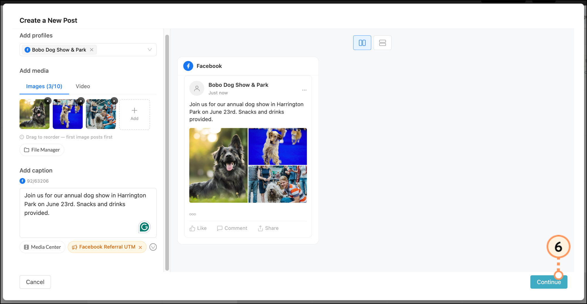 New social post with attached campaign under the Add caption section and blue Continue button in the bottom right corner