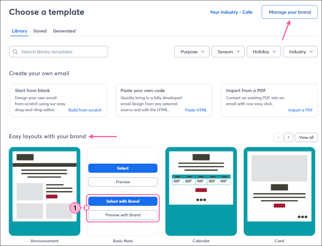 Choose a template page with Easy Layouts With Your Brand section, branded template options, and template with Select, Preview, Select with Brand, and Preview with Brand buttons displayed