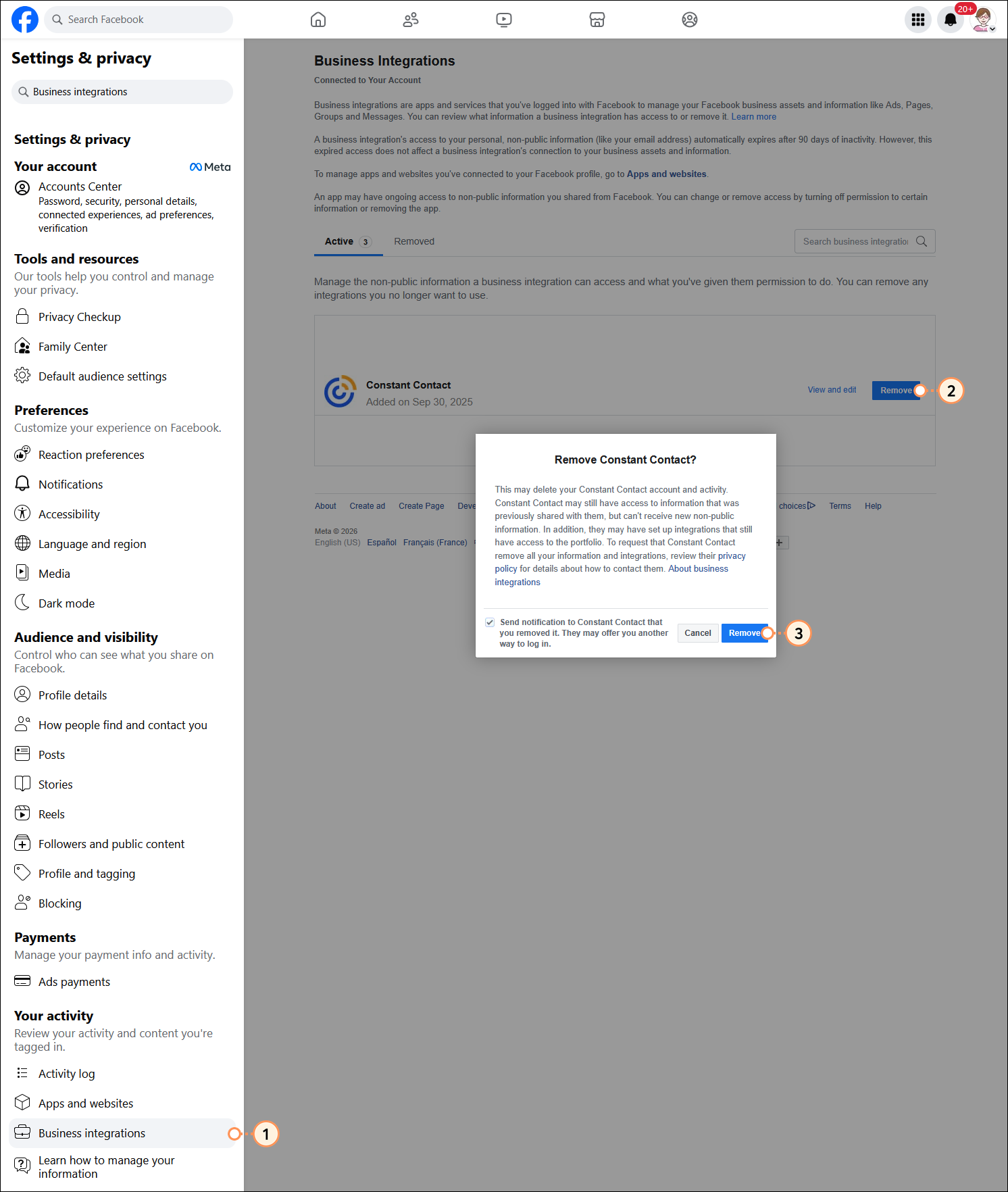 Facebook Business Integrations page with Constant Contact app Remove button, and Remove Constant Contact? overlay with Remove button