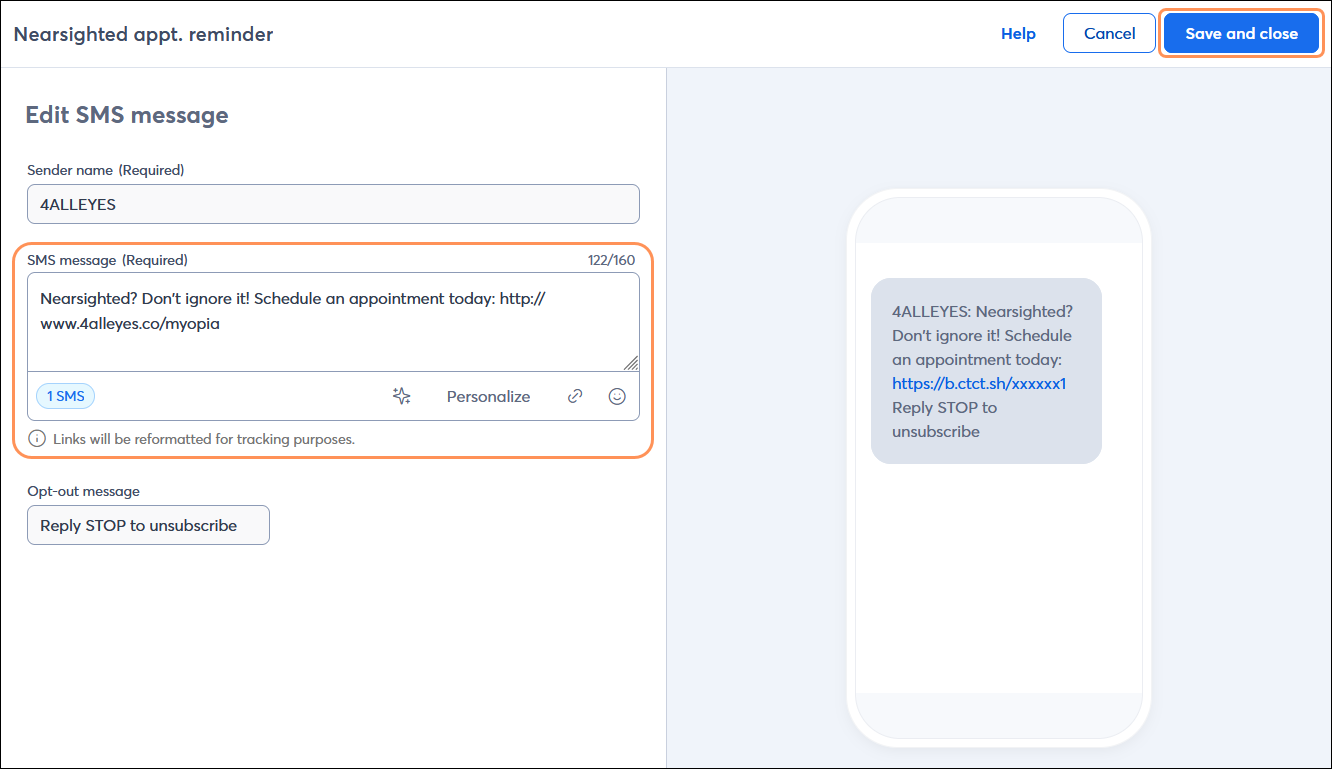 SMS editor with SMS message section including a URL, AI Content Generator icon, Personalize icon, Link icon, and Emoji icon, and Save and close button
