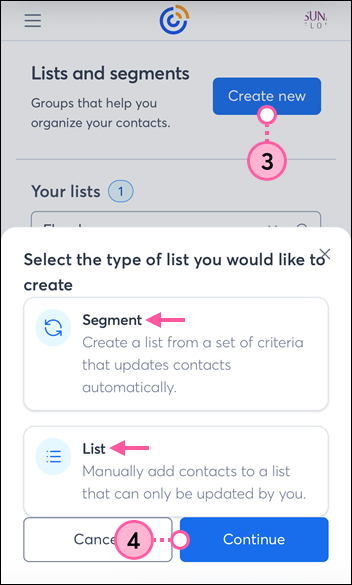 Mobile web Lists and segments page with Create new button, Segment and List options panel, and Continue button