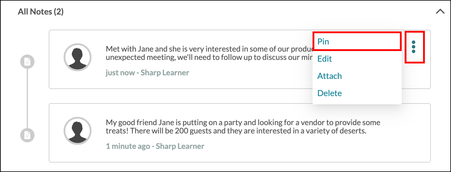 Options menu Pin button