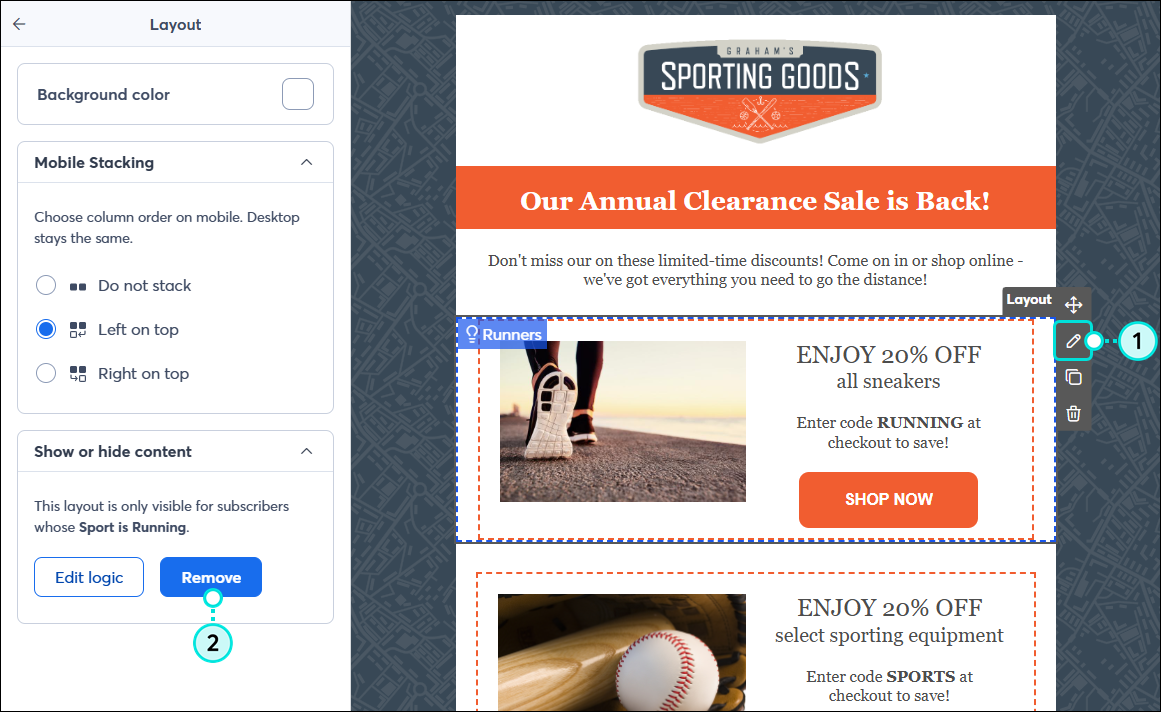 Dynamic Content Layout pencil icon and panel with Remove button