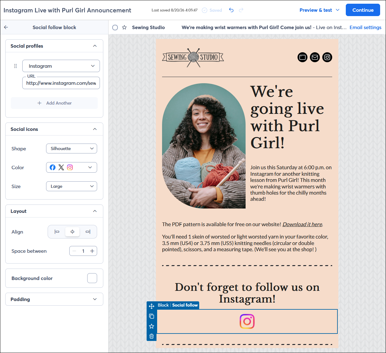 Email editor with a Social follow block and the Social follow block menu expanded with platform, button, alignment, background color, and padding options and social live stream content example